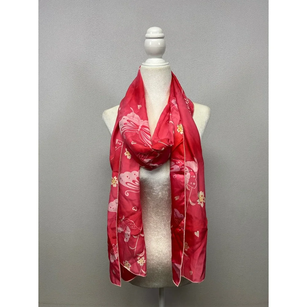 Y2K Whimsical Womens OS Red Pink Butterfly Floral Satin Long Scarf